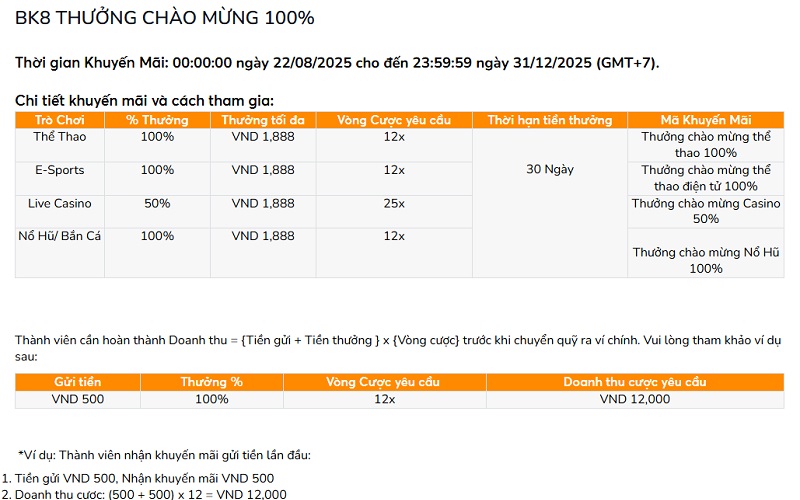 BK8 thưởng chào mừng 100% | Khuyến mãi nạp tiền lần đầu 2 Chi tiết khuyến mãi "BK8 thưởng chào mừng 100%”