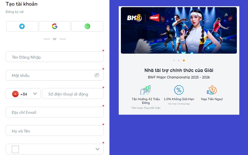 Đăng ký BK8 trên Mobile