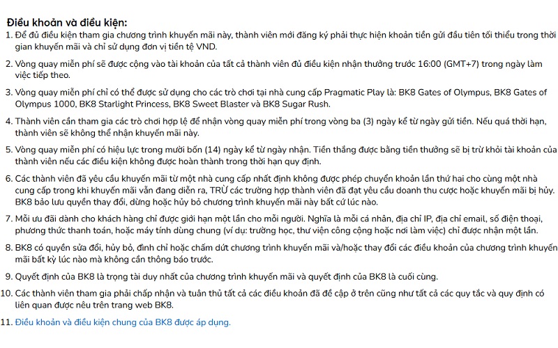 Thưởng Slot 188 vòng quay miễn phí | Tri ân thành viên mới tại BK8 3 Điều khoản & Điều kiện