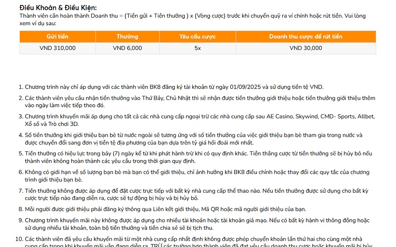 Thưởng giới thiệu bạn bè và VIP - Hoa hồng khủng từ BK8 3 Điều khoản & Điều kiện