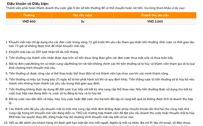 Hoàn trả thể thao lần đầu 100% BK8 | Bảo hiểm cá cược 1.200VNĐ 3 Điều khoản & Điều kiện