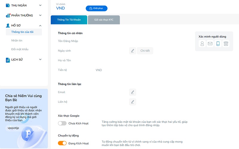 Truy cập “hồ sơ của tôi” để cập nhật đủ thông tin còn thiếu